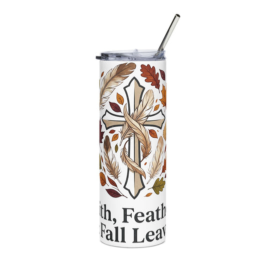 Faith Cross Tumbler — Autumn Leaves & Feathers 20oz Stainless Steel Travel Cup
