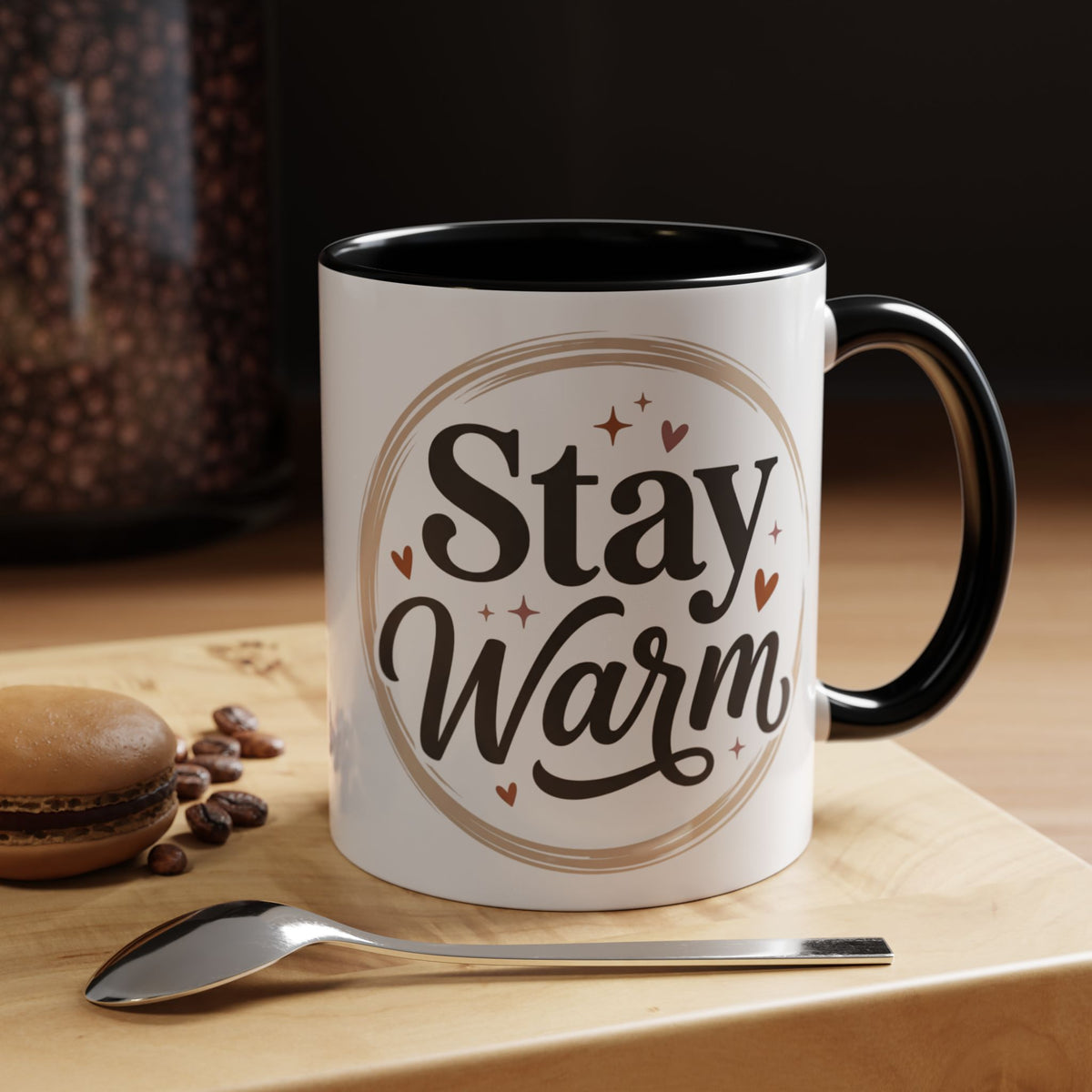 Stay Warm Accent Coffee Mug — Cozy Script Ceramic Mug (11/15oz)