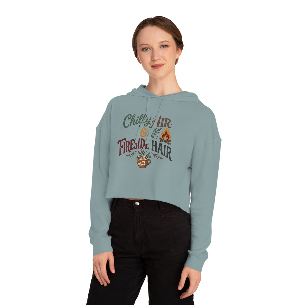 Cropped Hooded Sweatshirt — "Chilly Air & Fireside Hair" Cozy Fall Hoodie