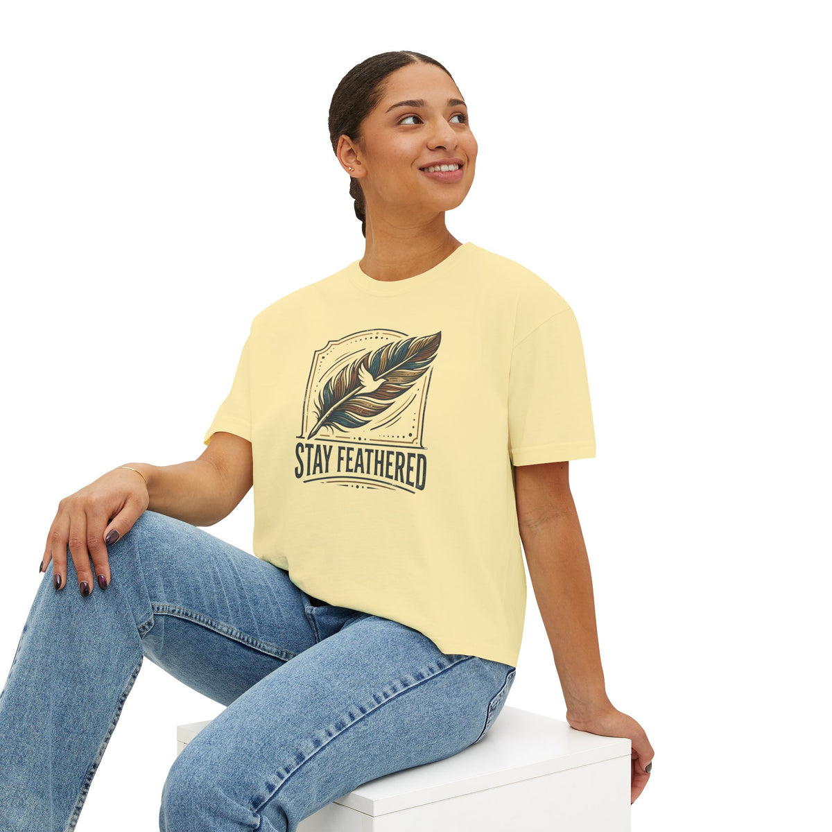 Stay Feathered Women's Boxy Tee — Boho Feather Graphic Tee