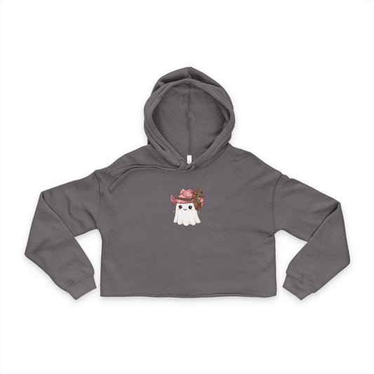 Women's Cropped Hoodie — Cute Ghost in Pink Cowboy Hat Graphic