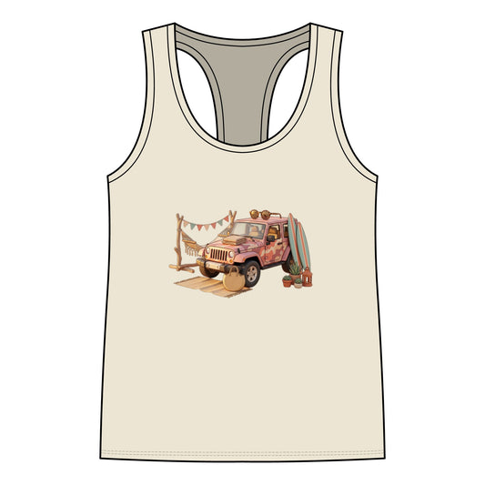 Boho Surf Jeep Racerback Tank — Vintage Beach Adventure Women's Tank Top
