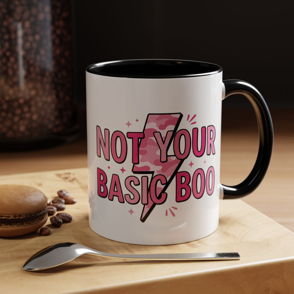 Not Your Basic Boo Coffee Mug — Cute Pink Ghost Accent Mug (11/15oz)