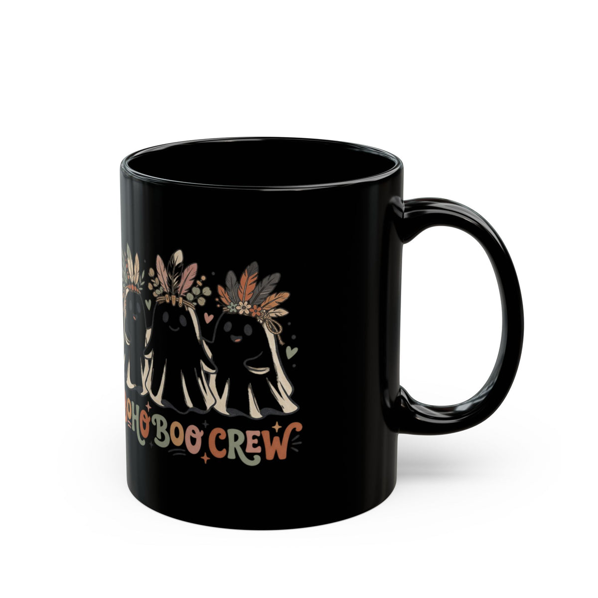 Boho Boo Crew Black Mug – Cute Ghosts with Feather Crowns (11oz & 15oz)