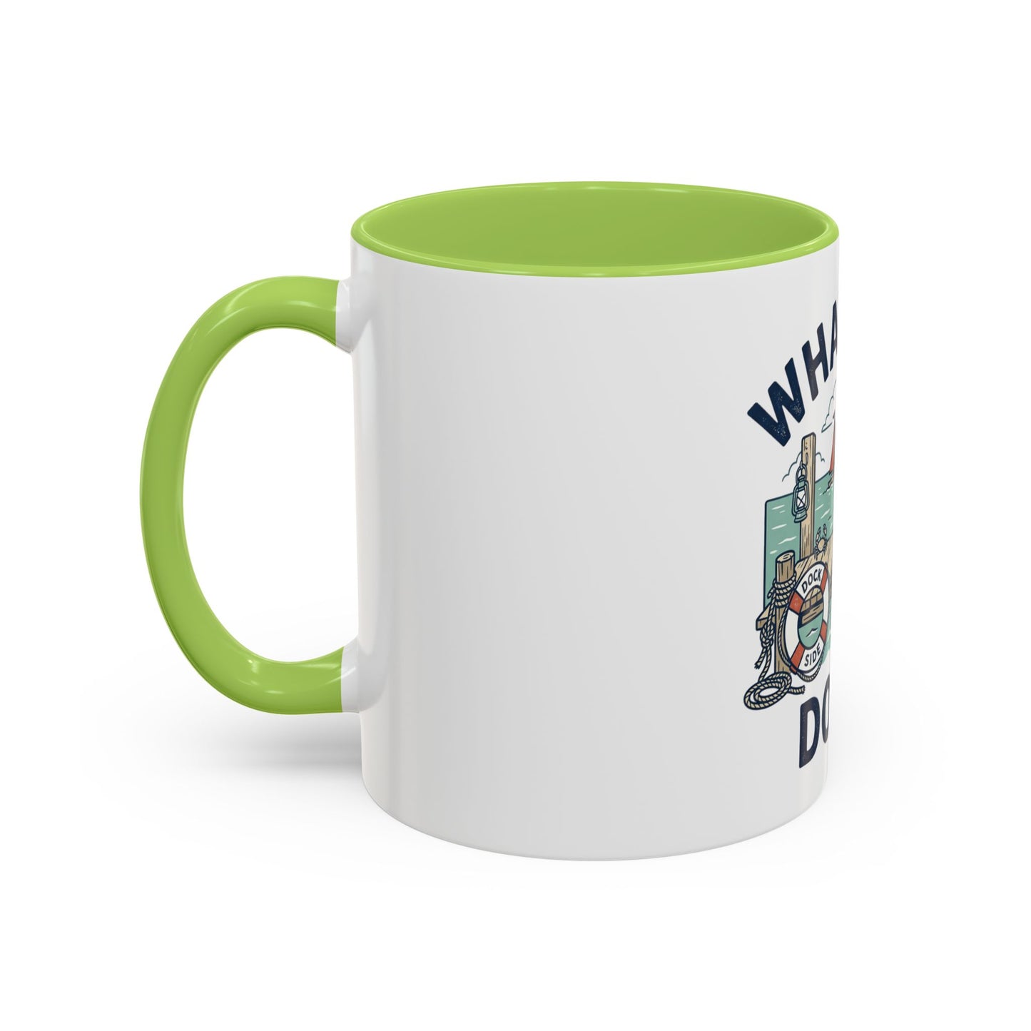 "What's Up, Dock?" Nautical Coffee Mug — Harbor Pier Boat Illustration (11/15 oz)