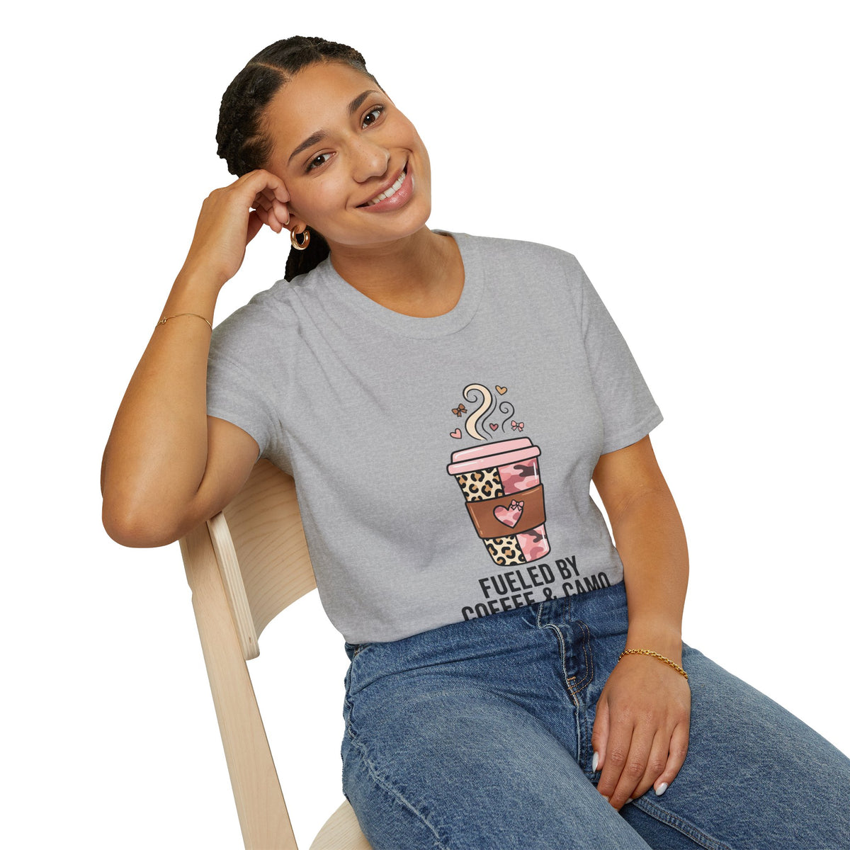 Fueled by Coffee & Camo T-Shirt — Cute Leopard Travel Coffee Cup Tee