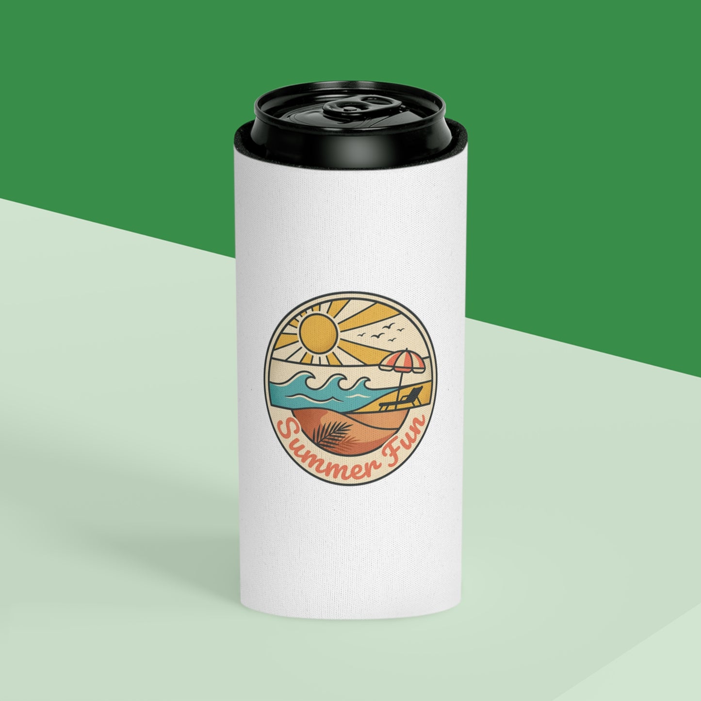 Can Cooler — "Summer Fun" Beach Scene Neoprene Beer Cozy