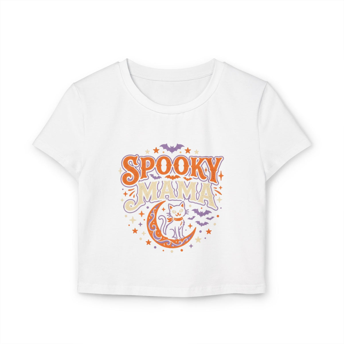 Spooky Mama Baby Tee — Halloween Cat Moon Graphic Crop Top