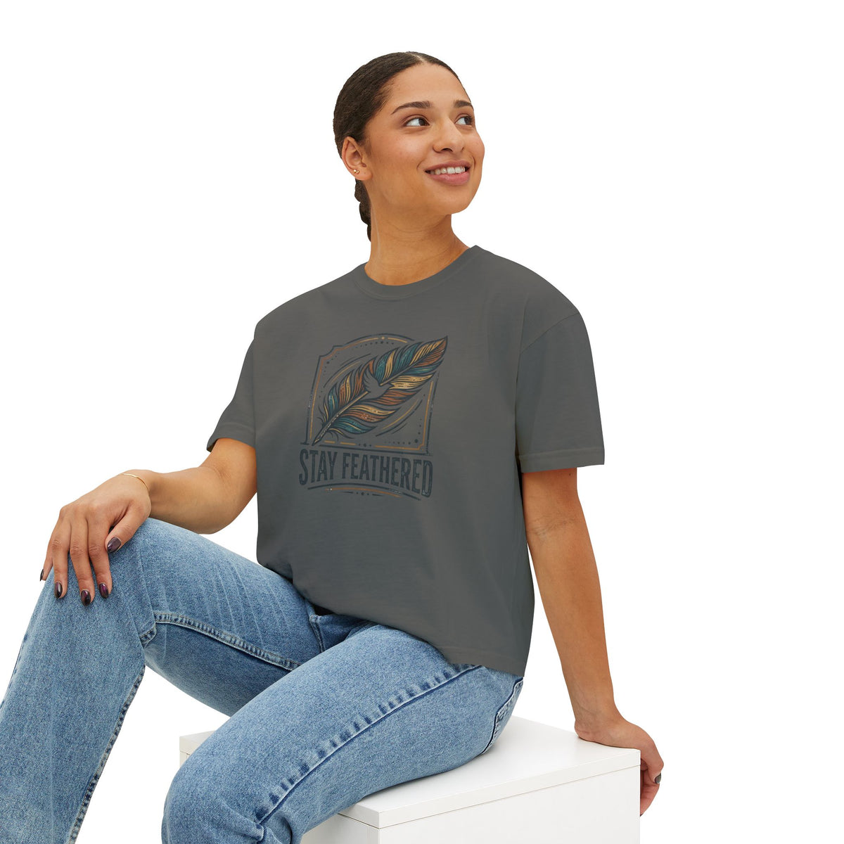 Stay Feathered Women's Boxy Tee — Boho Feather Graphic Tee