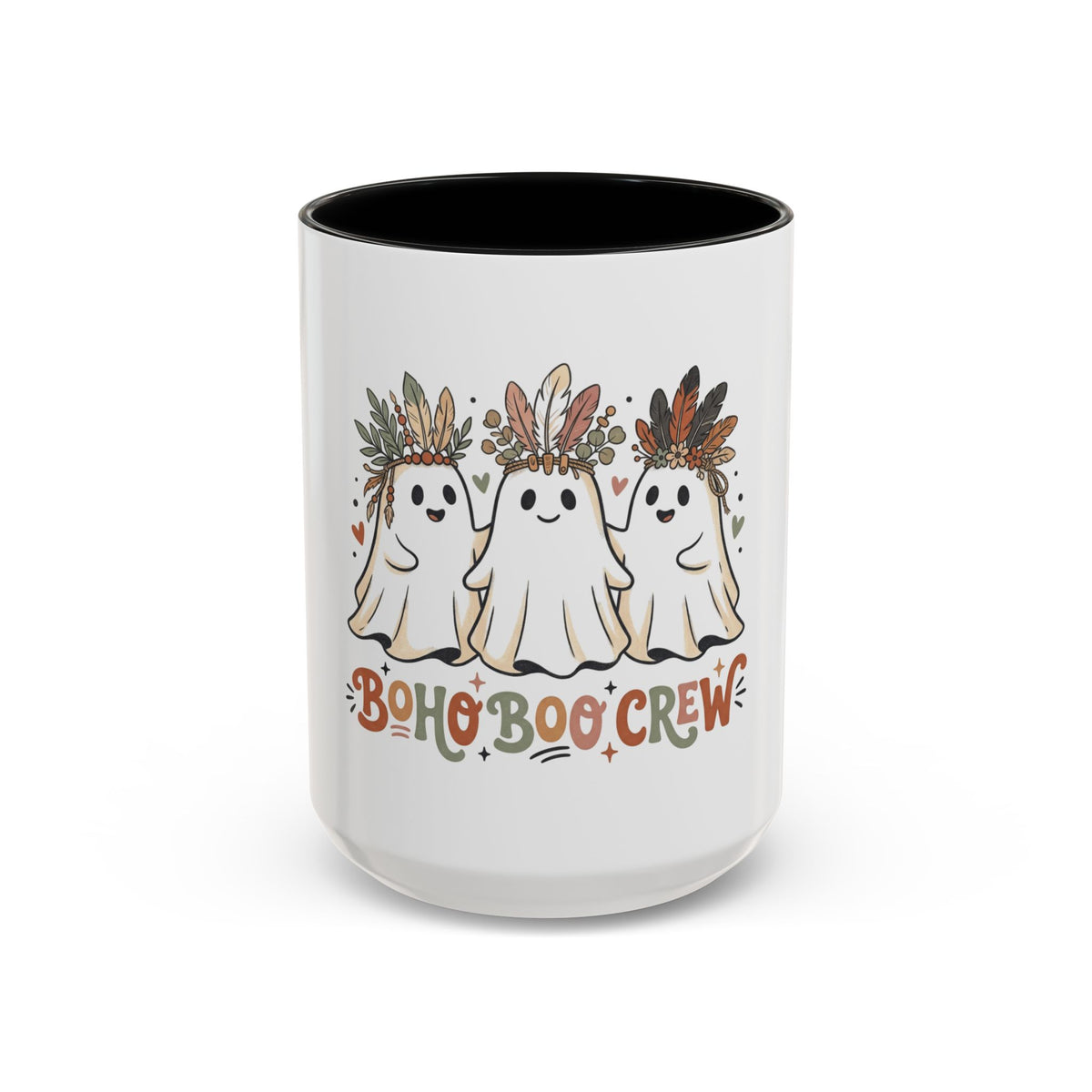 Boho Boo Crew Coffee Mug — Cute Halloween Ghosts with Feather Crowns (11/15oz)