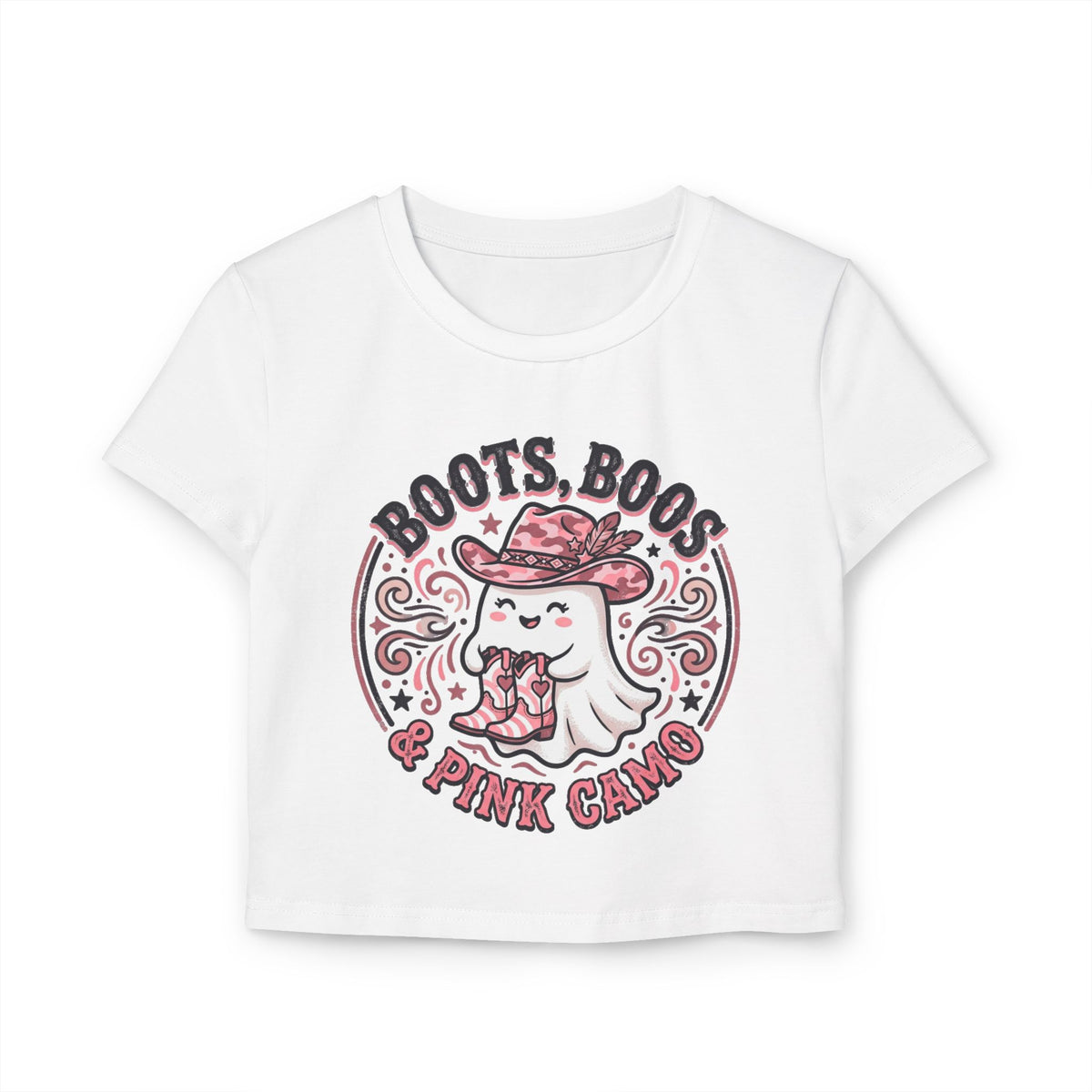 Women's Baby Tee — 'Boots, Boos & Pink Camo' Cute Cowgirl Ghost Graphic Tee