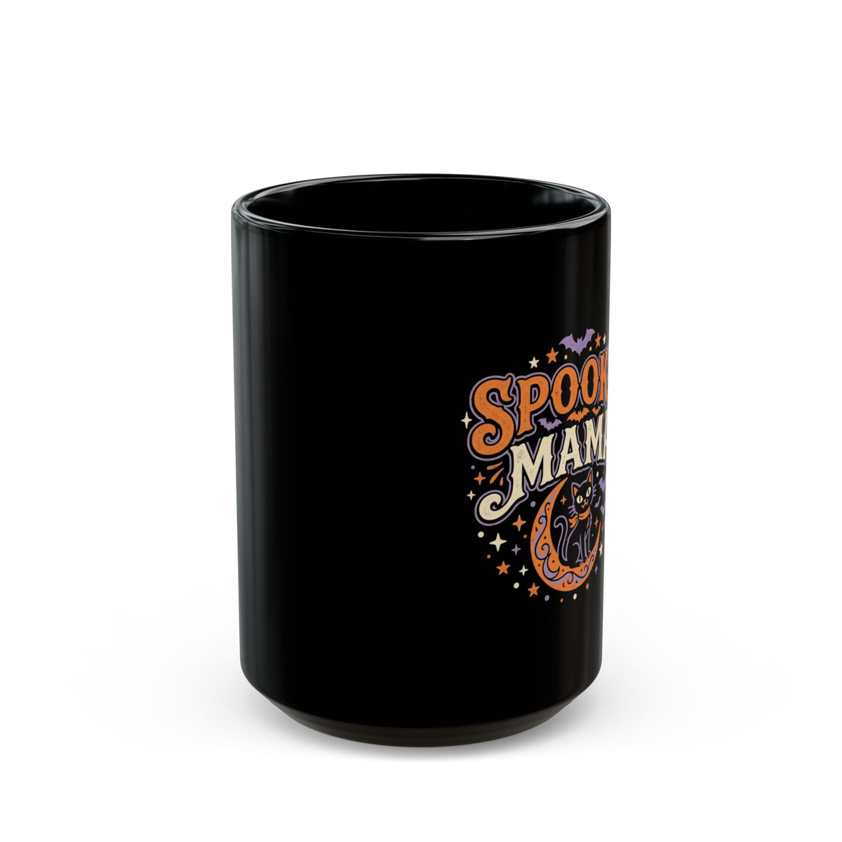 Spooky Mama Mug | Halloween cat moon design on black mug