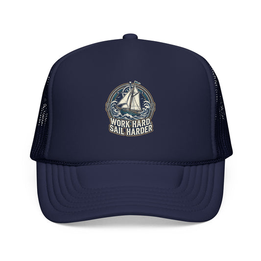 Trucker Hat — 'Work Hard Sail Harder' Vintage Sailboat Mesh Cap