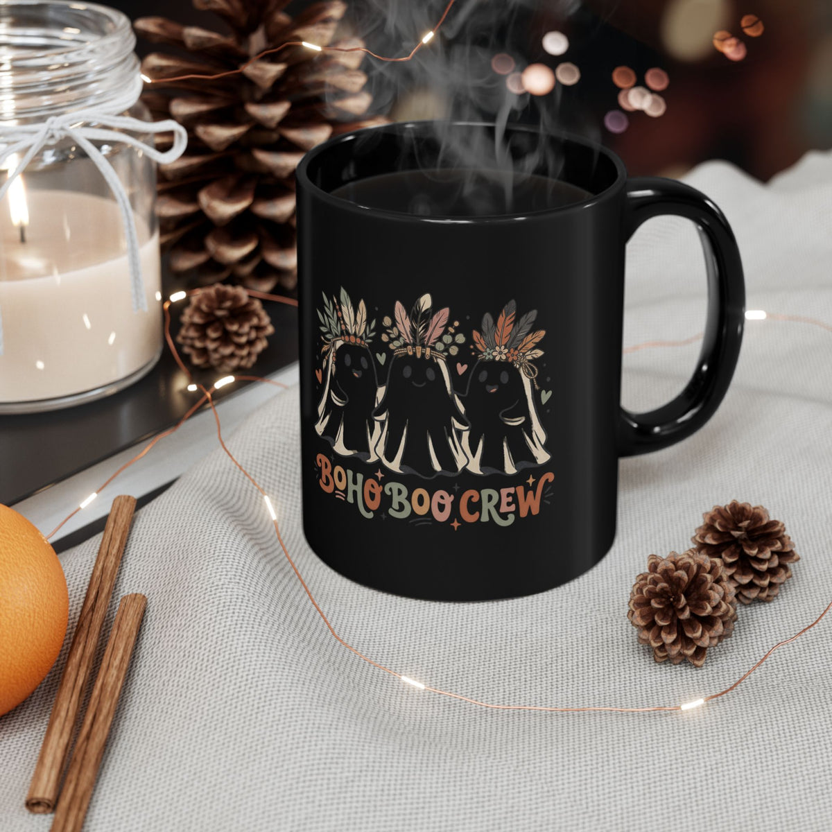 Boho Boo Crew Black Mug – Cute Ghosts with Feather Crowns (11oz & 15oz)