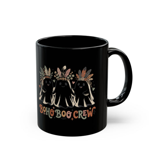 Boho Boo Crew Black Mug – Cute Ghosts with Feather Crowns (11oz & 15oz)