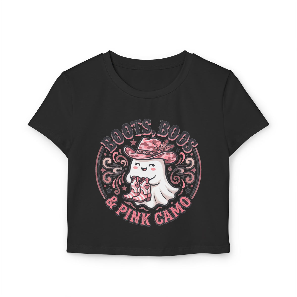 Women's Baby Tee — 'Boots, Boos & Pink Camo' Cute Cowgirl Ghost Graphic Tee