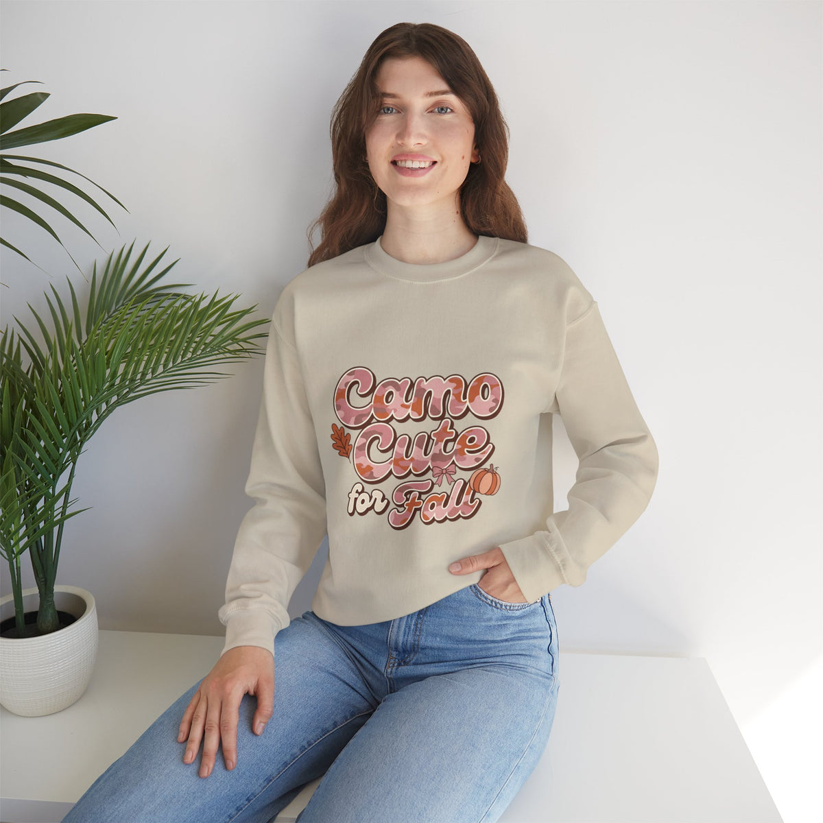 Fall 'Camo Cute for Fall' Crewneck Sweatshirt — Women's Autumn Graphic Pullover