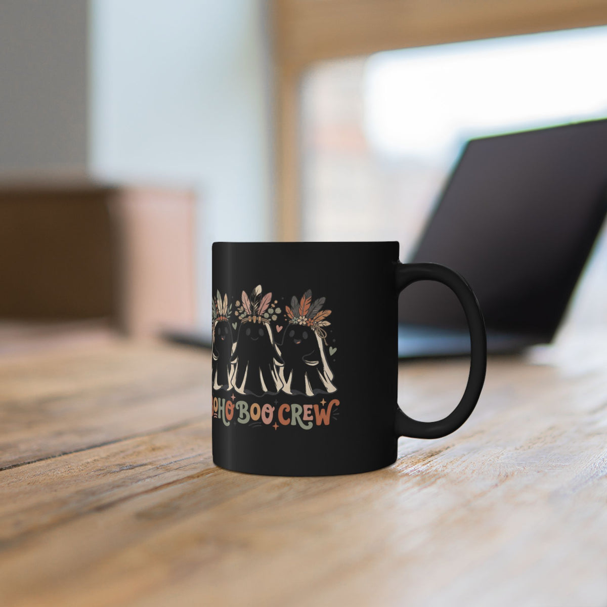 Boho Boo Crew Black Mug – Cute Ghosts with Feather Crowns (11oz & 15oz)