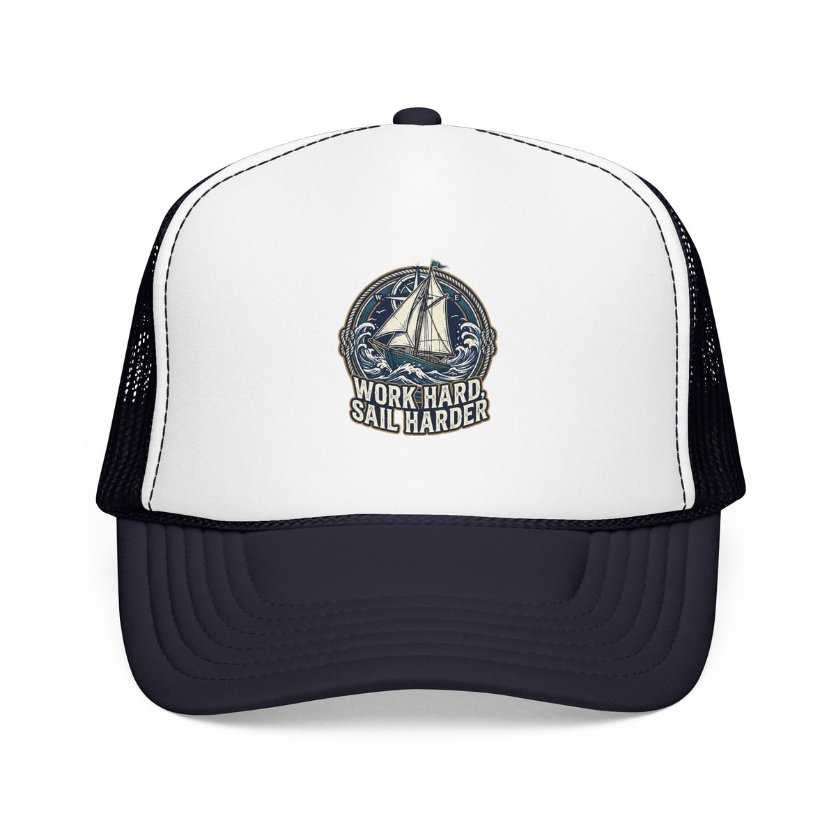 Trucker Hat — 'Work Hard Sail Harder' Vintage Sailboat Mesh Cap