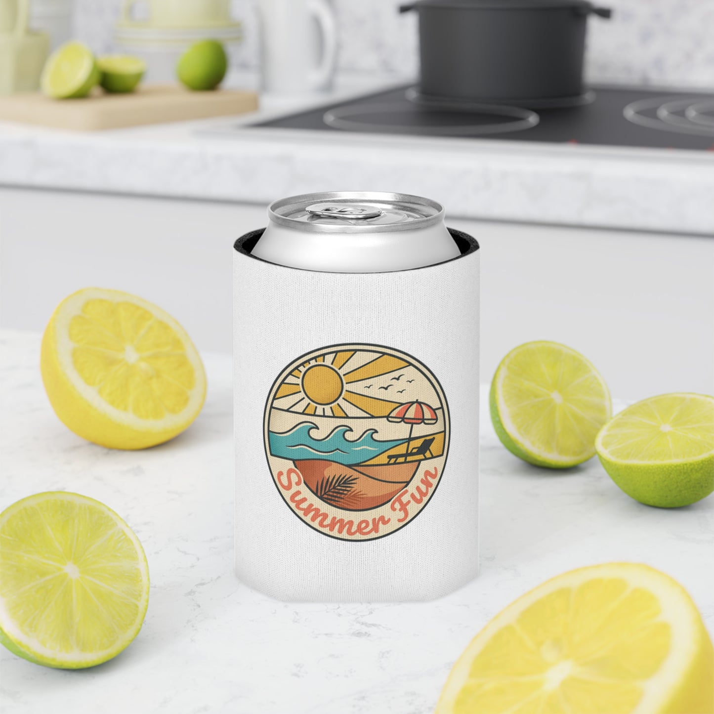 Can Cooler — "Summer Fun" Beach Scene Neoprene Beer Cozy