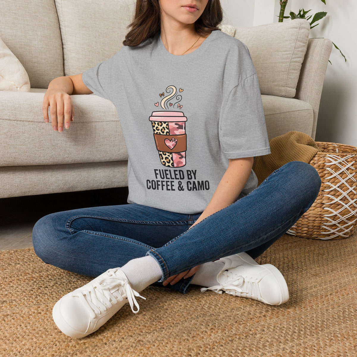 Fueled by Coffee & Camo T-Shirt — Cute Leopard Travel Coffee Cup Tee