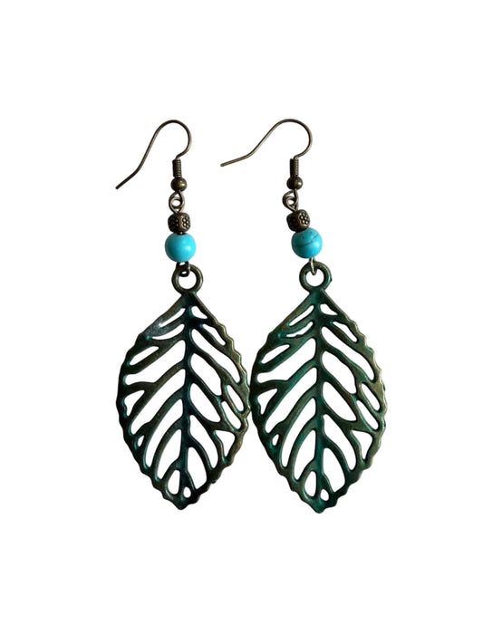 Harvest Verdigris Leaf Earrings | Green Patina Leaf Dangle Earrings | Turquoise Accent | The Harvest Souls Collection