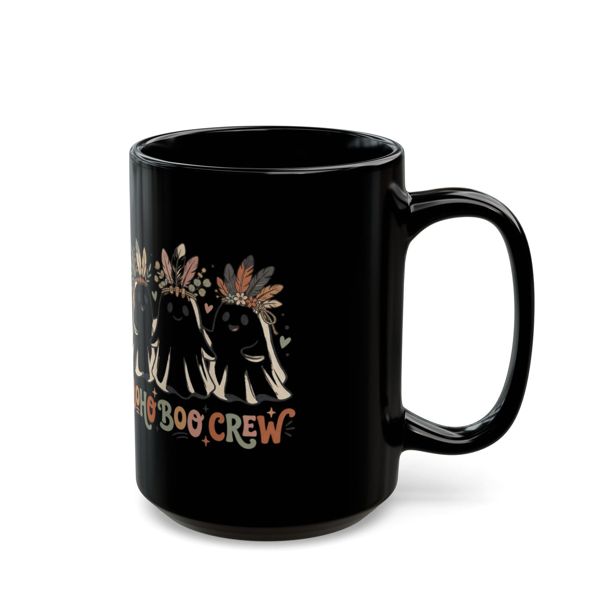 Boho Boo Crew Black Mug – Cute Ghosts with Feather Crowns (11oz & 15oz)