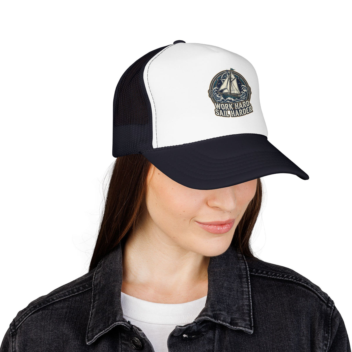 Trucker Hat — 'Work Hard Sail Harder' Vintage Sailboat Mesh Cap