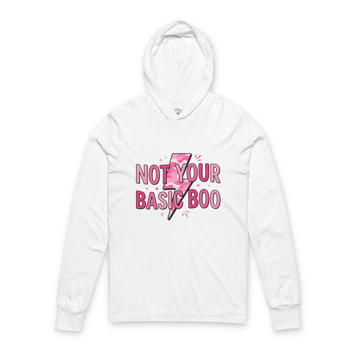 Hooded Long Sleeve Tee — "Not Your Basic Boo" Pink Lightning Graphic