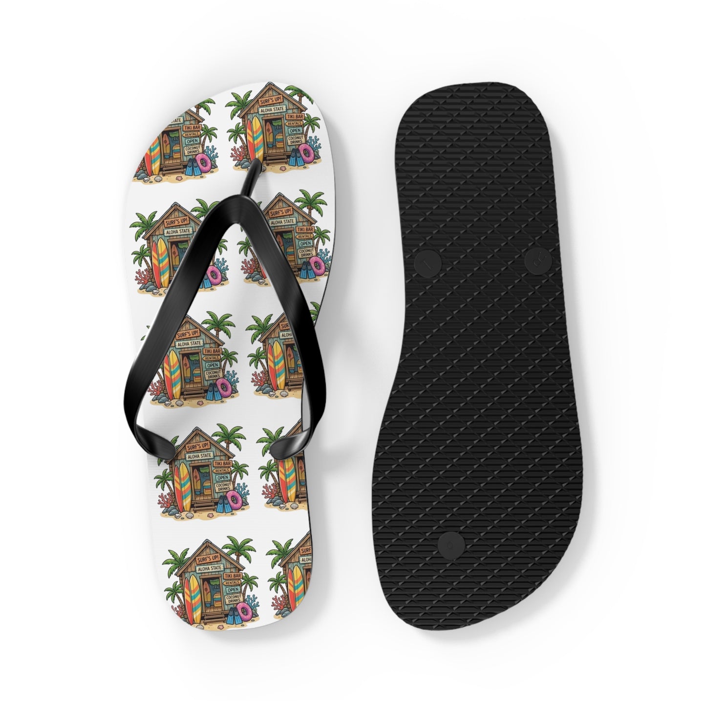 Tropical Beach Hut Flip Flops — Colorful Surfboard & Palm Pattern Summer Sandals