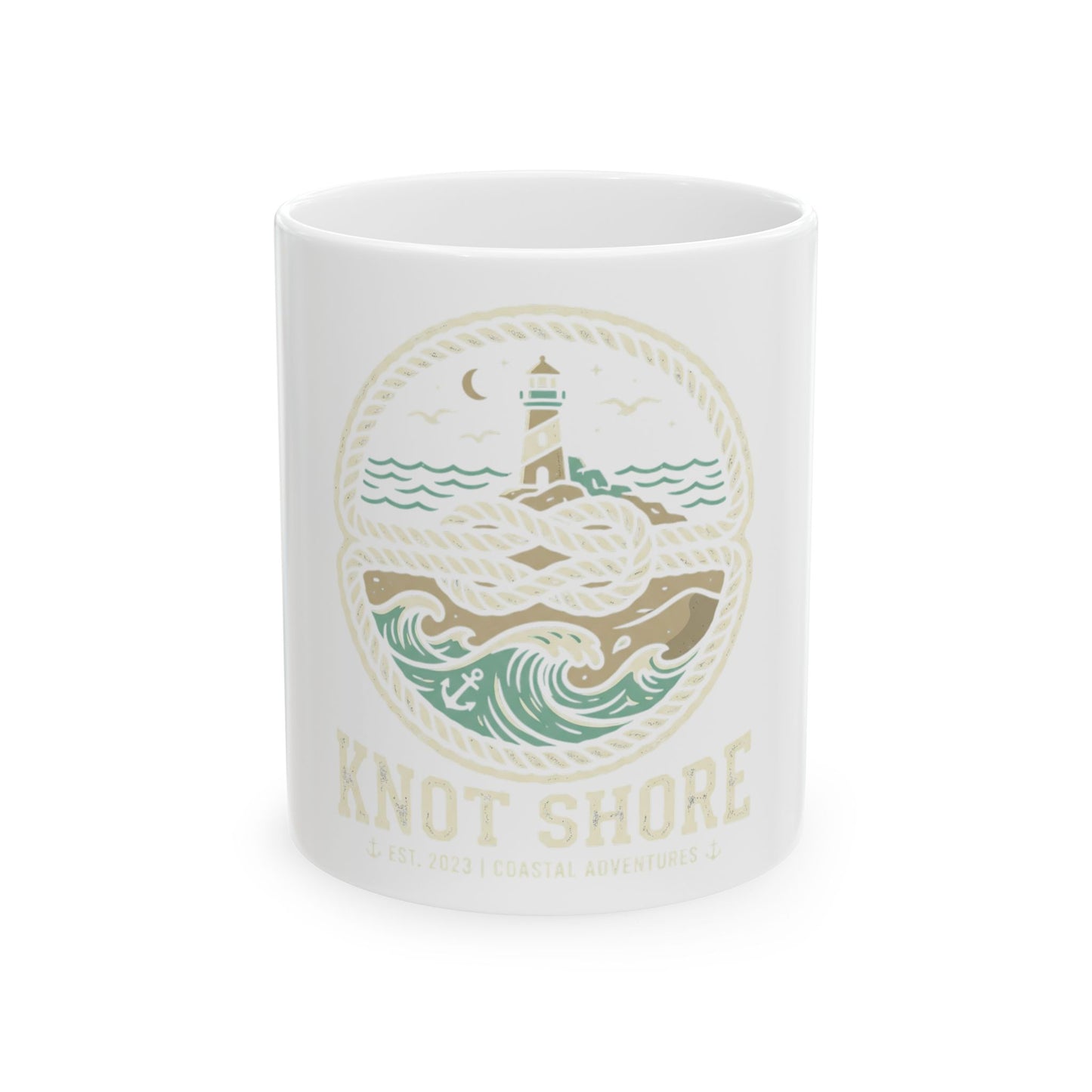 Nautical 'Knot Shore' Ceramic Mug — Lighthouse Ocean Waves Coffee Cup (11oz/15oz)