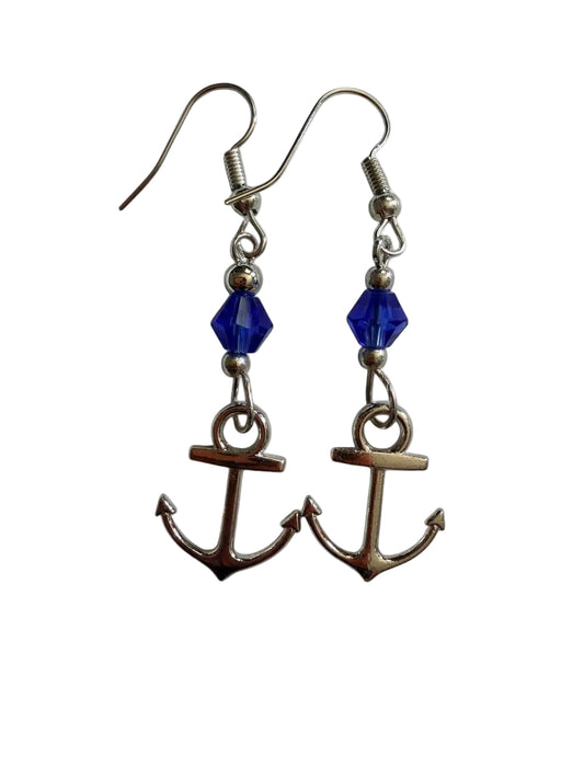 End of Summer Americana Silver Anchor Earrings - Royal Blue Nautical Dangle