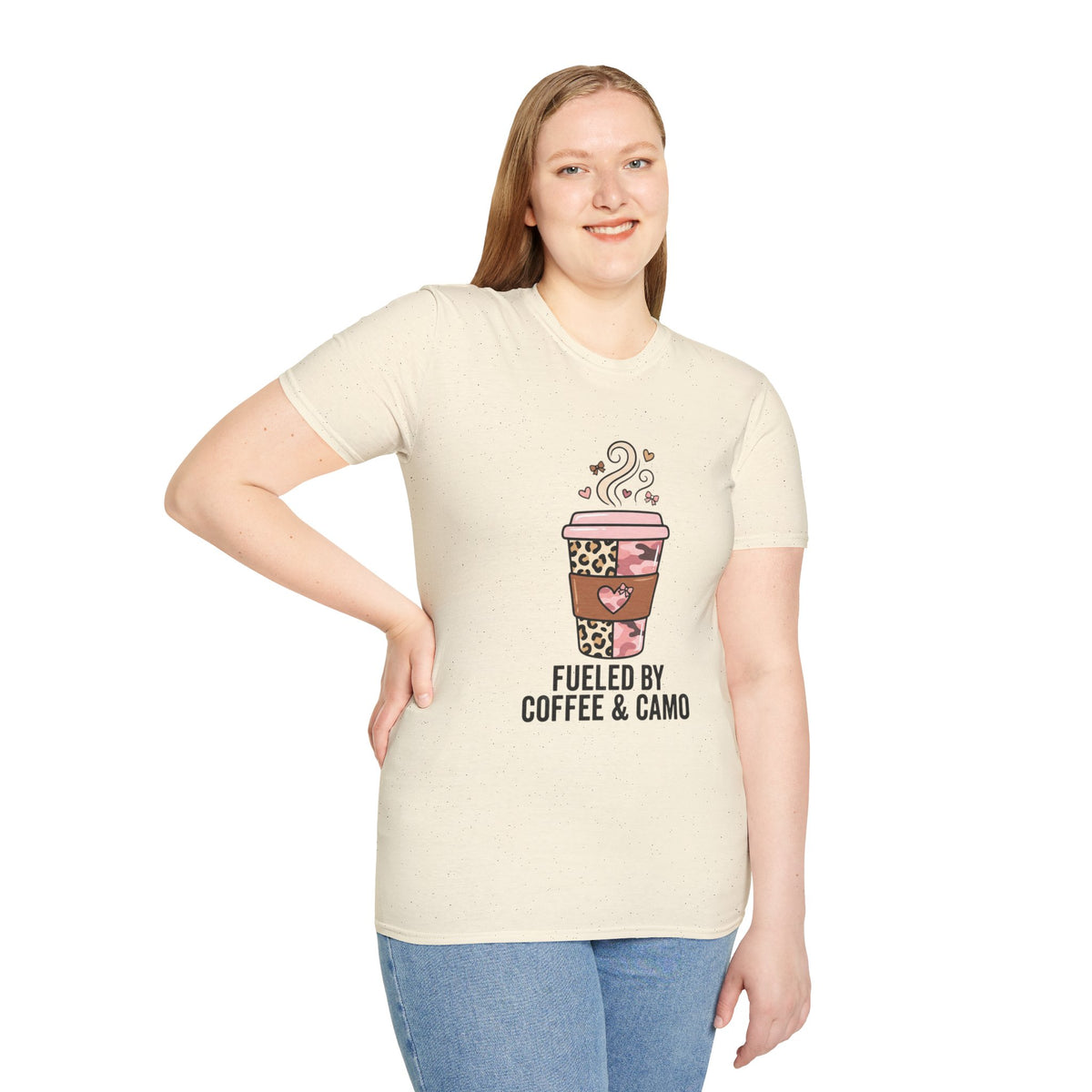 Fueled by Coffee & Camo T-Shirt — Cute Leopard Travel Coffee Cup Tee