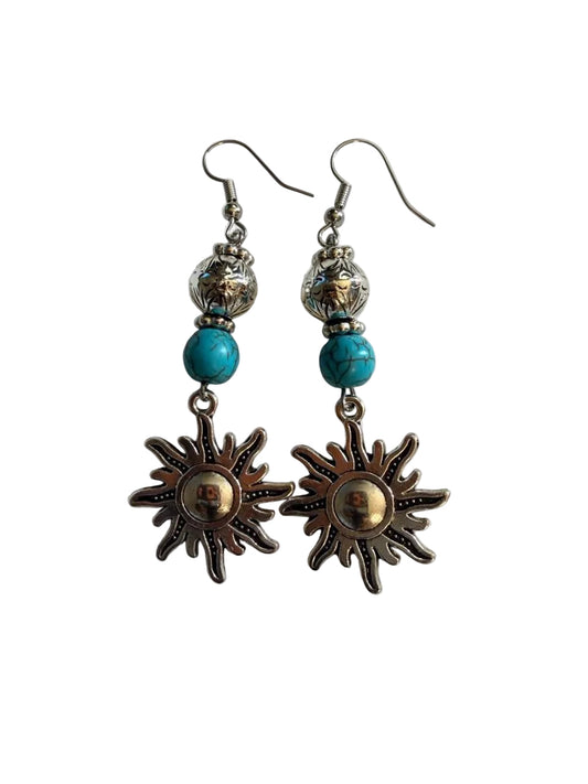 Handcrafted Antique Silver & Turquoise Beaded Celestial Sun Dangle Earrings