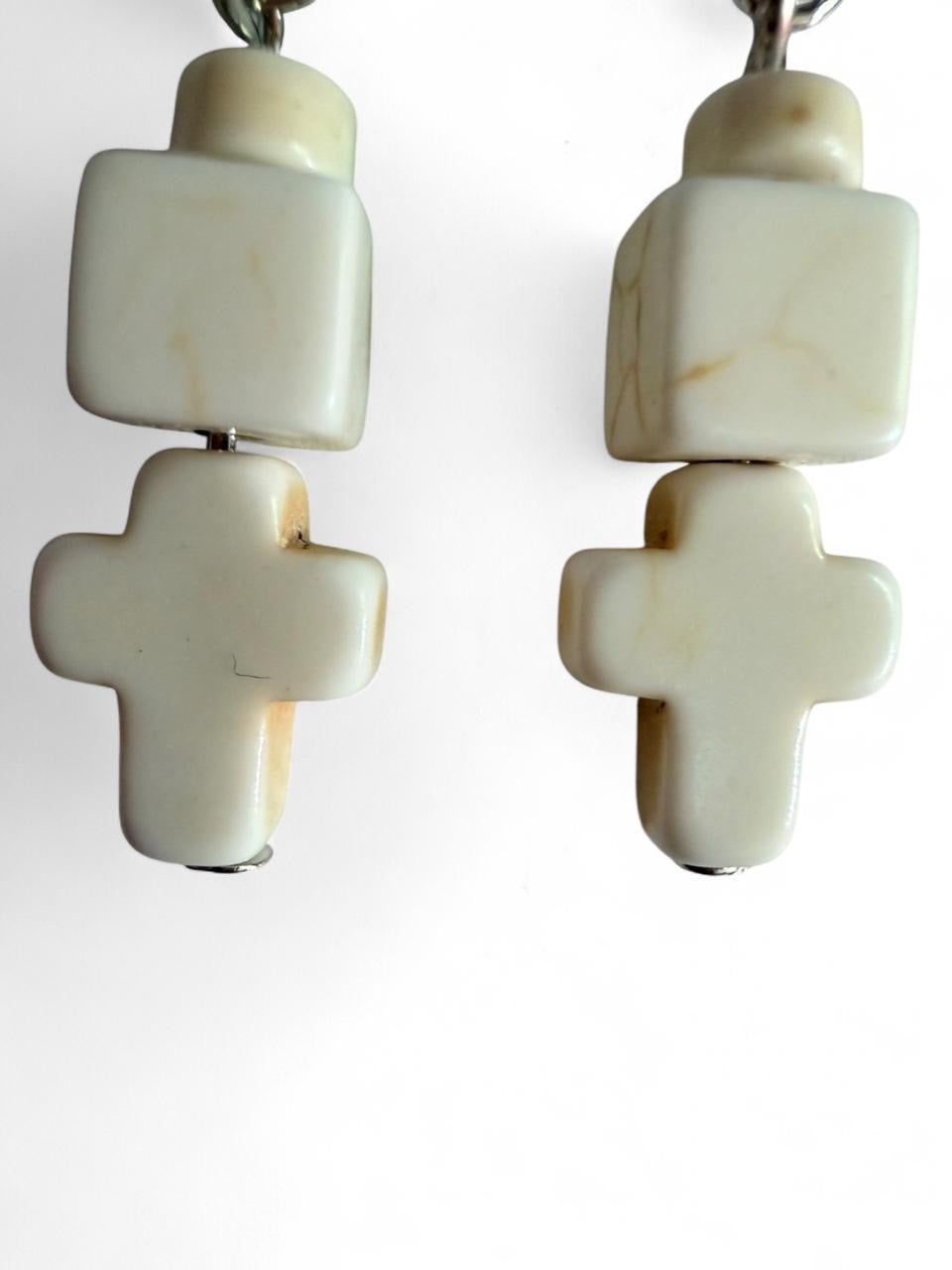 Handmade White Howlite Cross Dangle Earrings – Minimalist Stone Beaded Earrings