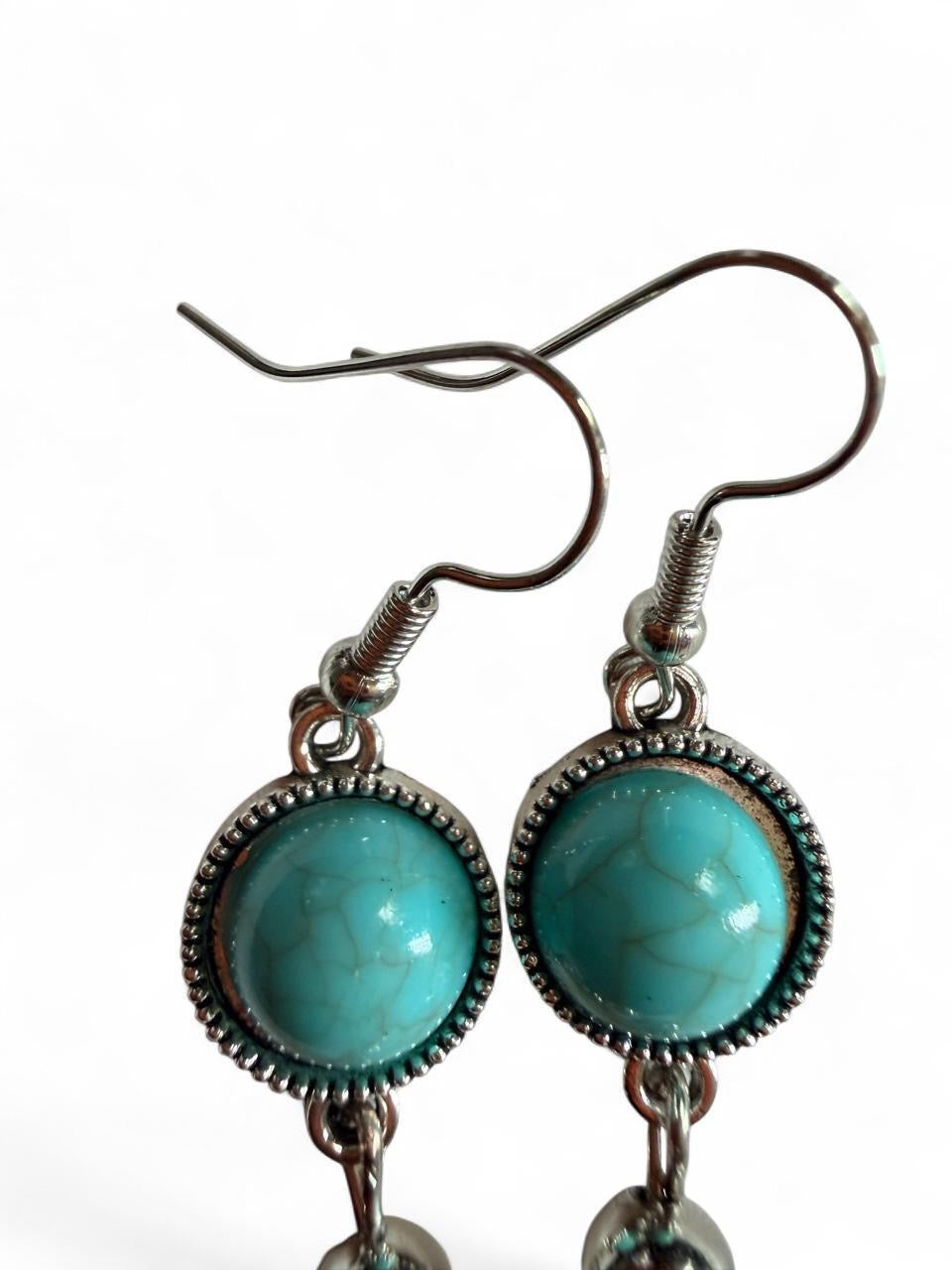 Turquoise Style Cabochon Dangle Earrings | Boho Silver Beaded Jewelry