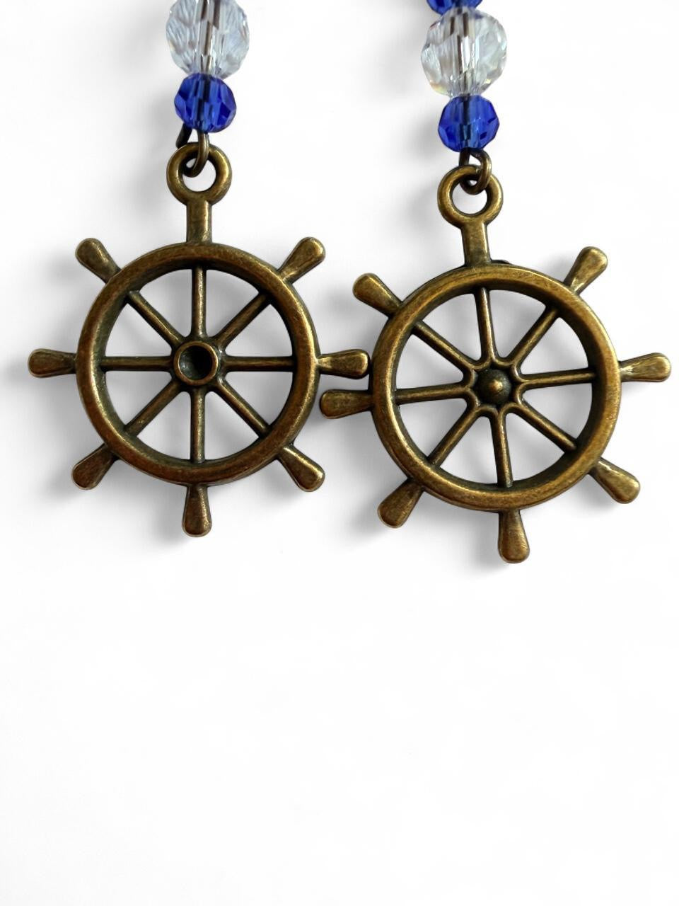 End of Summer Americana Bronze Ship Wheel Earrings - Royal Blue Nautical Dangle
