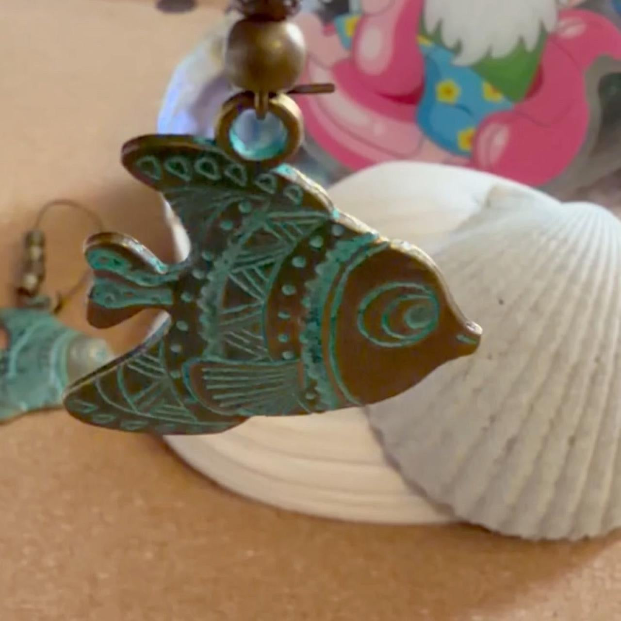 Handcrafted Verdigris Patina Tribal Fish Hoop Dangle Earrings