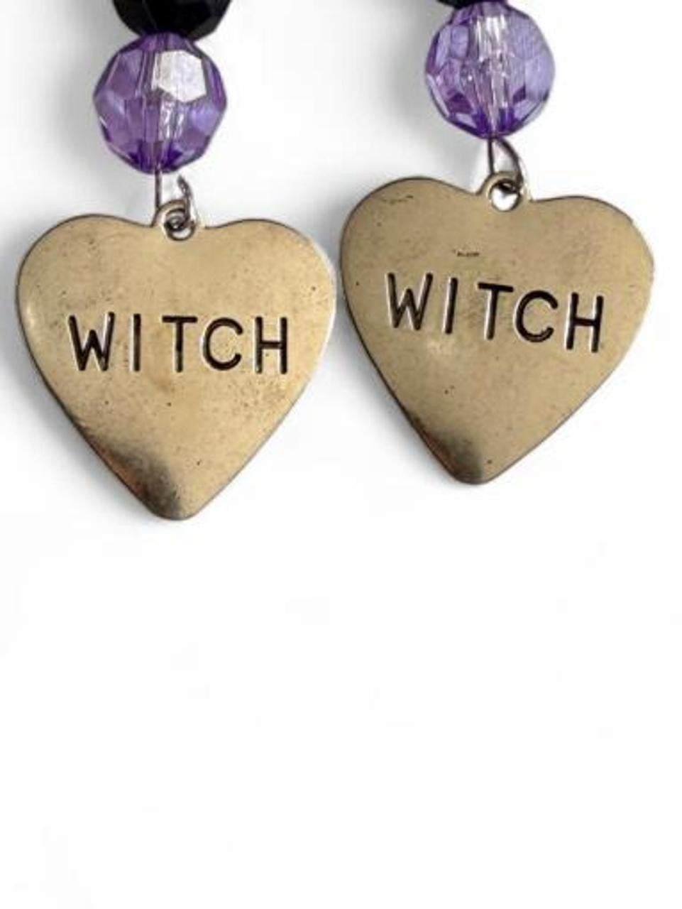 Boo-tiful Witch Heart Earrings | Stamped WITCH Heart Dangle Earrings | Purple & Black Beaded Halloween Earrings | Boo-tiful Souls Collection