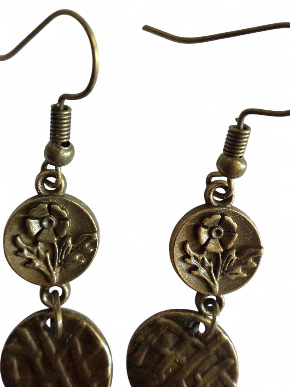 Product Title: Handmade Vintage-Inspired Bronze Floral & Aqua Blue Dangle Earrings