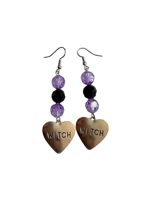 Boo-tiful Witch Heart Earrings | Stamped WITCH Heart Dangle Earrings | Purple & Black Beaded Halloween Earrings | Boo-tiful Souls Collection