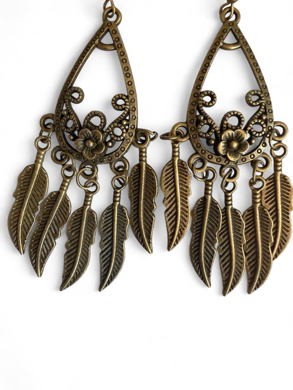 Harvest Souls – Bronze Teardrop Feather Cascade Earrings