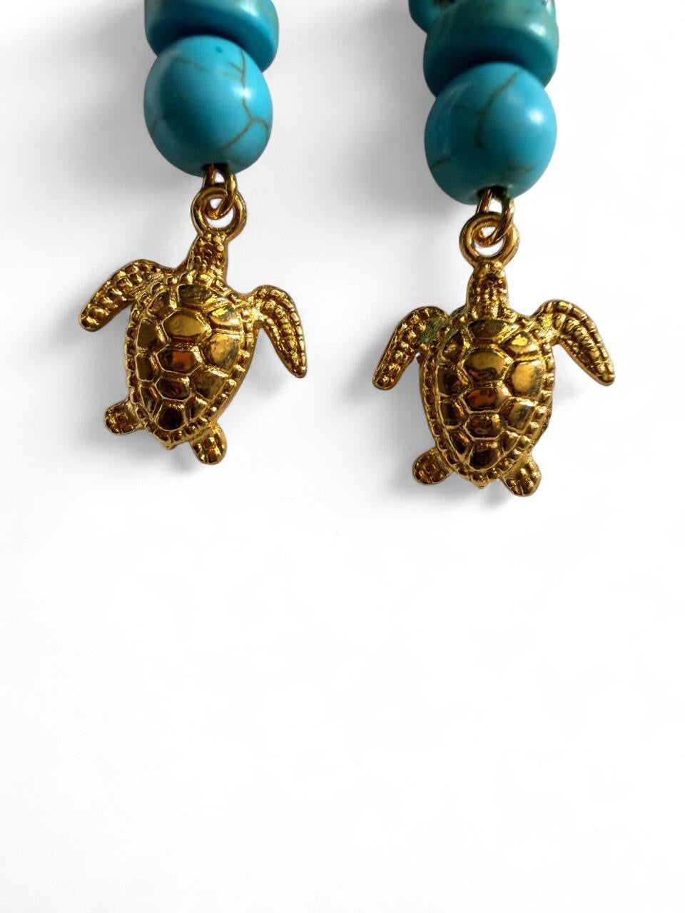 Handcrafted Turquoise Beaded Sea Turtle & Gold Turtle Dangle Earrings