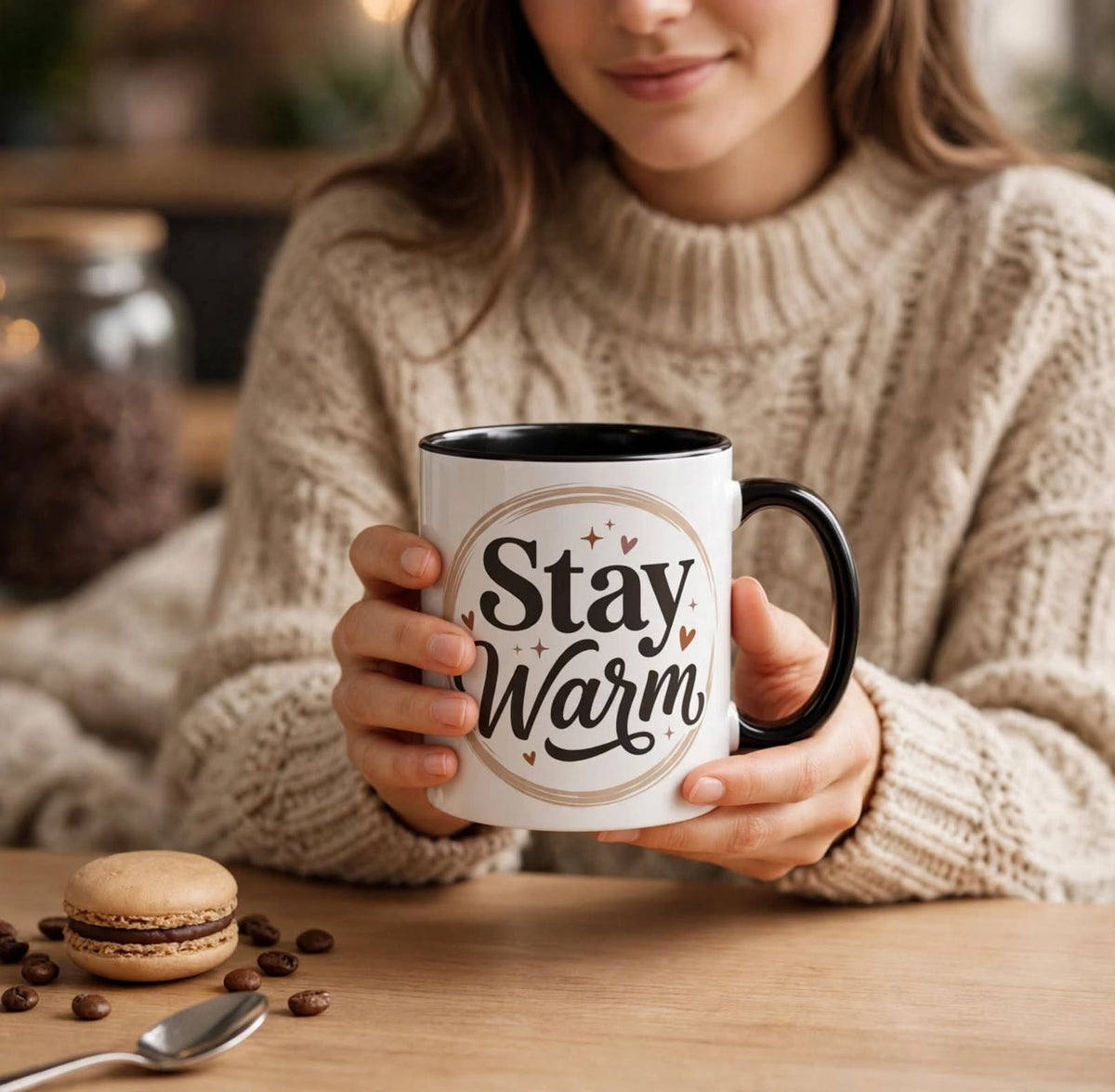Stay Warm Accent Coffee Mug — Cozy Script Ceramic Mug (11/15oz)