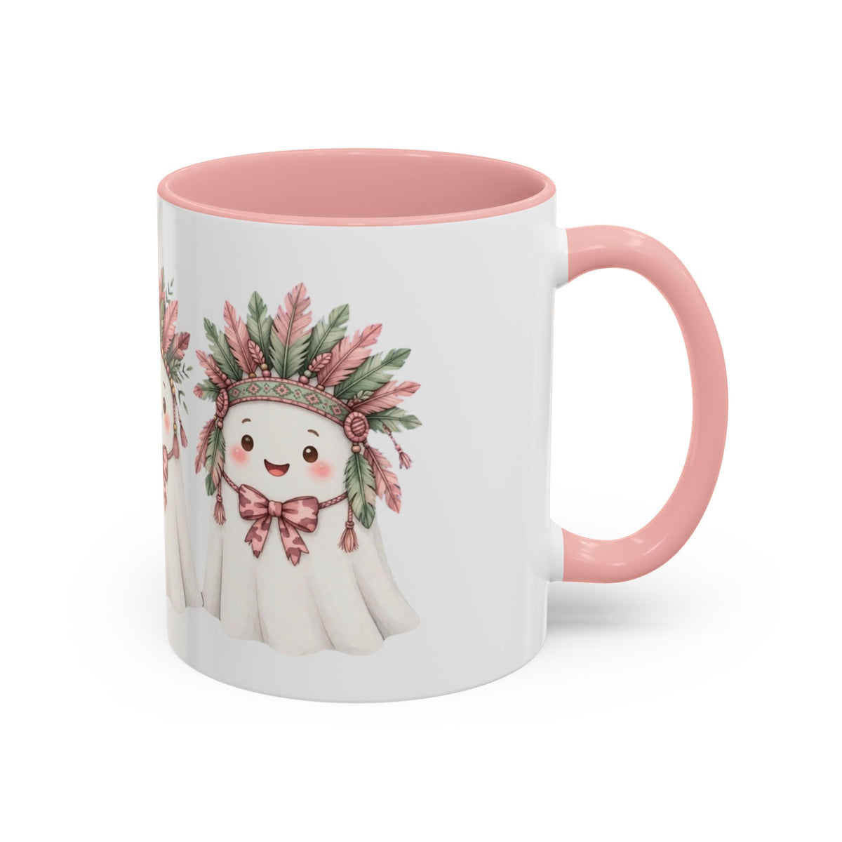 Cute Ghost Mug with Floral Feather Headdress – Pink Accent Coffee Cup (11/15 oz)