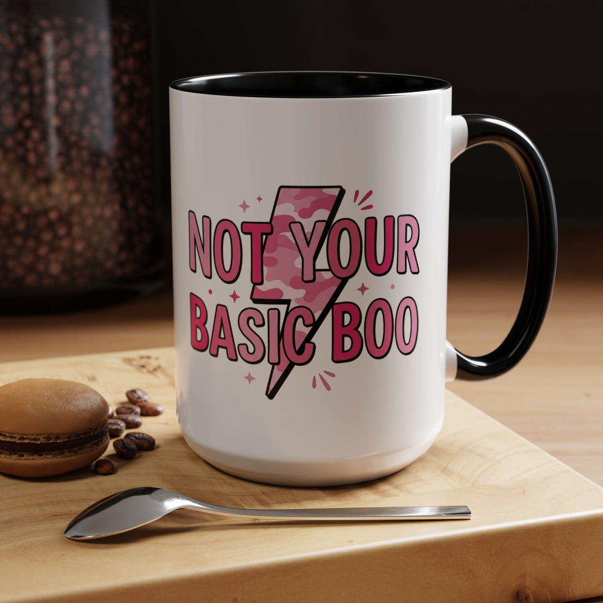 Not Your Basic Boo Coffee Mug — Cute Pink Ghost Accent Mug (11/15oz)