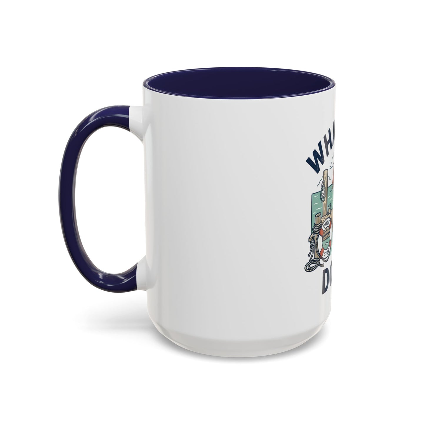 "What's Up, Dock?" Nautical Coffee Mug — Harbor Pier Boat Illustration (11/15 oz)