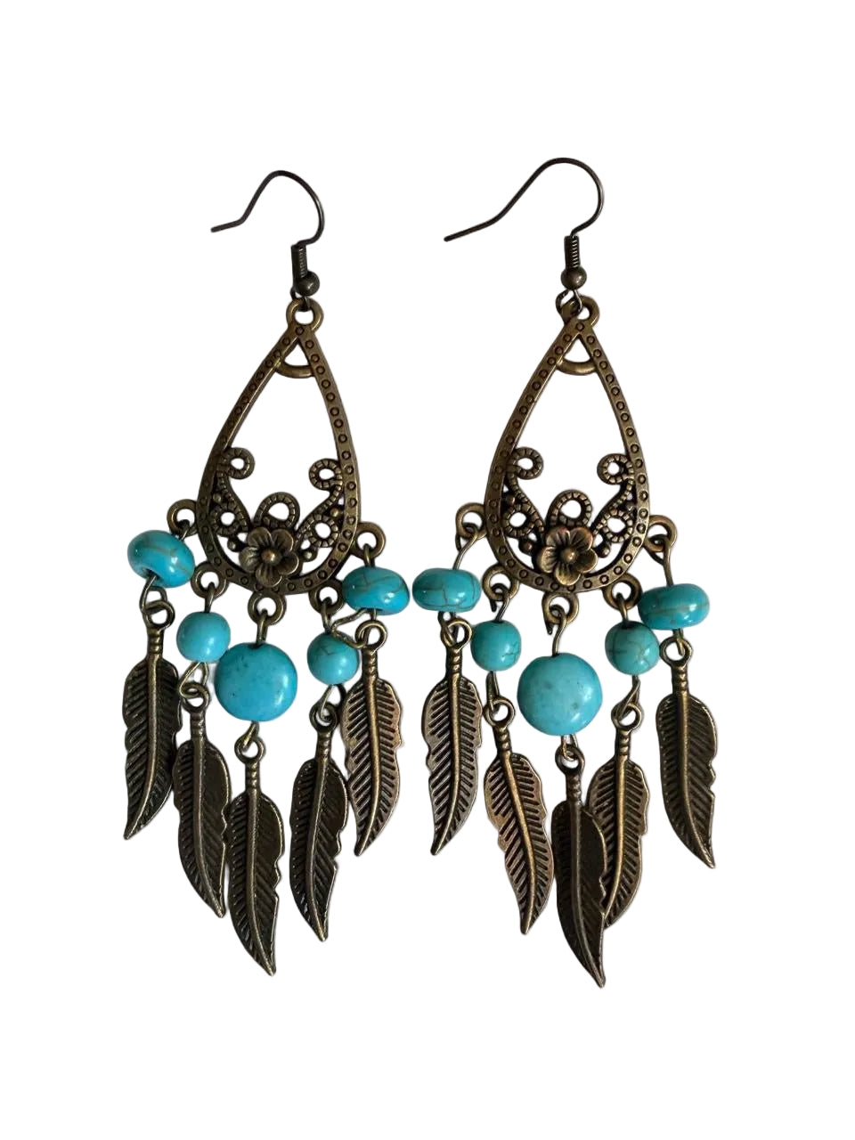 Harvest Souls – Turquoise Teardrop & Feather Cascade Earrings