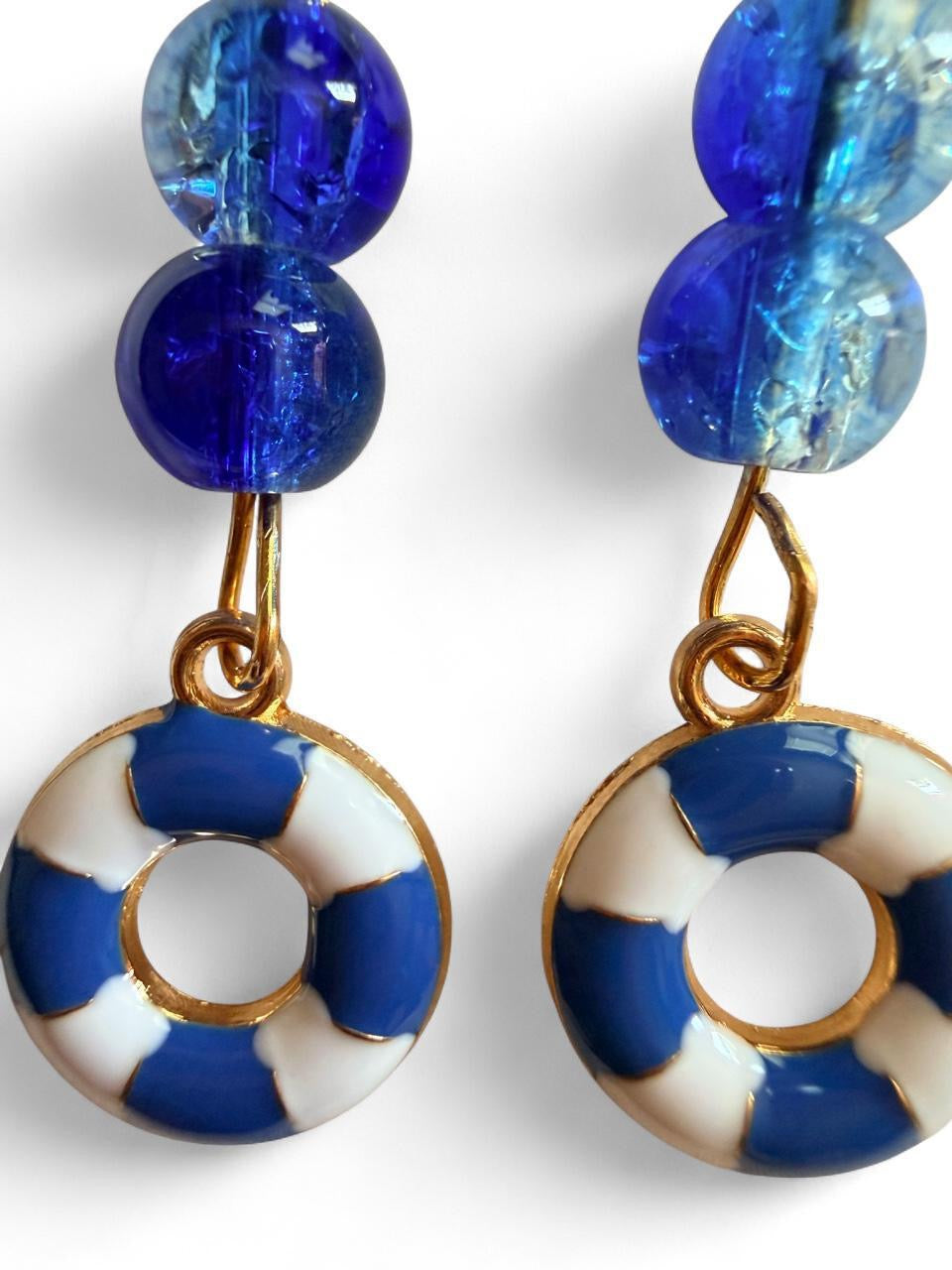 End of Summer Americana Lifesaver Earrings - Blue and White Nautical Buoy Dangle