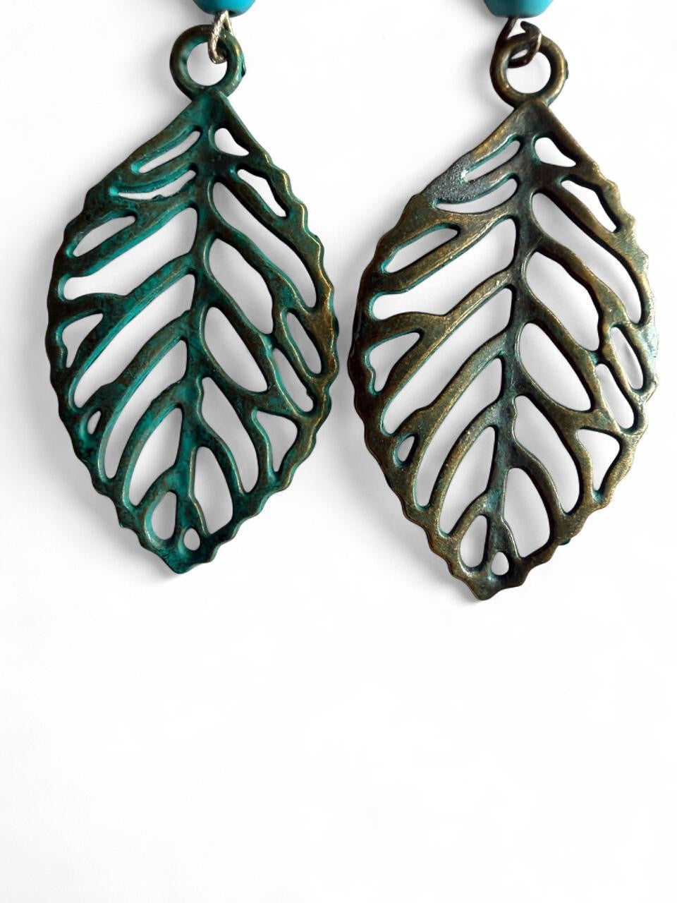 Handmade Verdigris Patina Bronze Leaf Dangle Earrings with Turquoise Accents